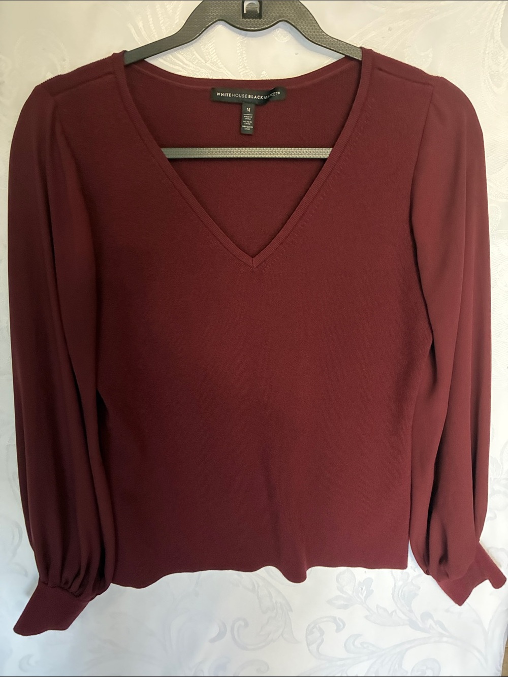 White House Black Market Burgundy V-Neck Long Sleeve Top